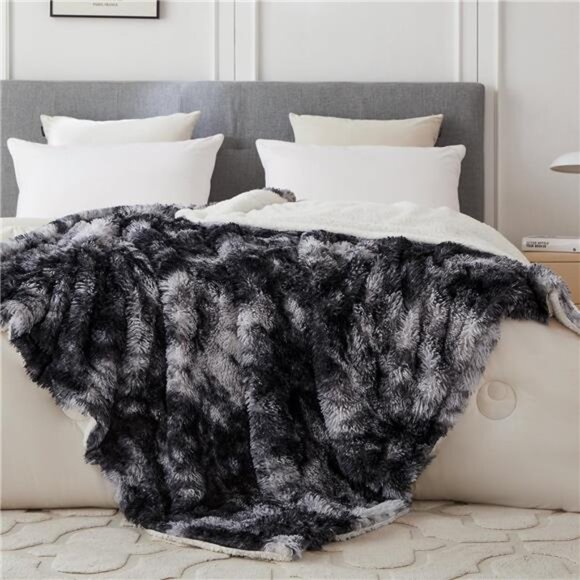 Faux Fur Throw Blanket Plush Sherpa Fleece Cozy Warm Bed Couch Sofa Tie Dye Blac - Picture 2 of 7